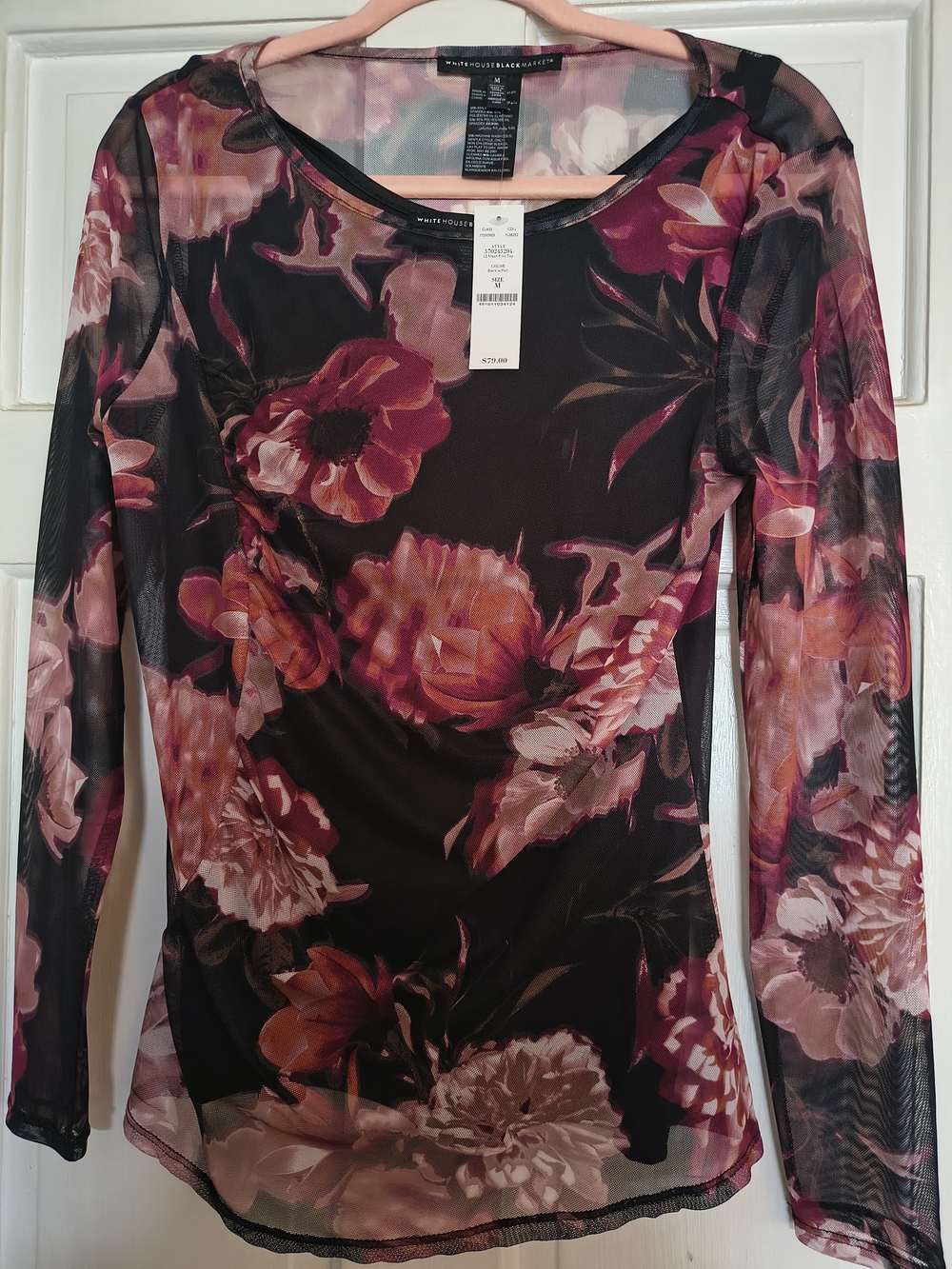 White House Black Market Black Floral Mesh Long Sleeve Top in Pink and Burgundy